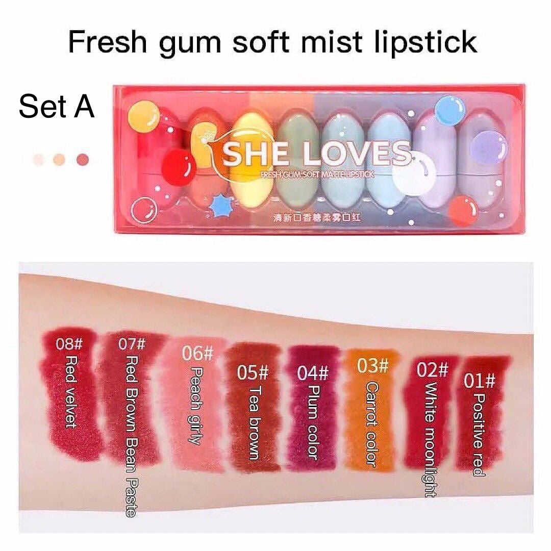 8pcs She Love Mini Bubble Gum Matte Lipsticks Set