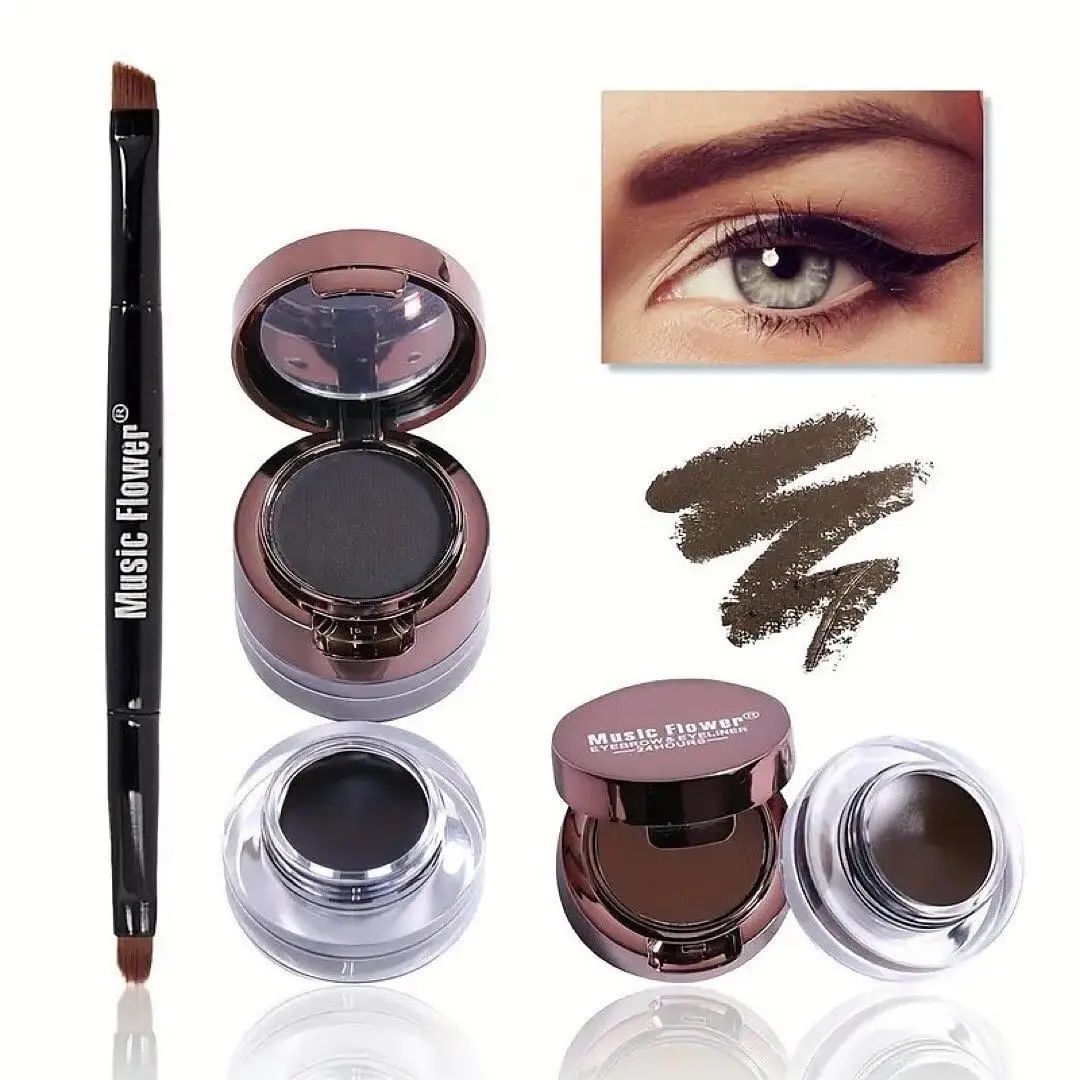 4 in 1 Brown & Black Gel Eyeliner With Brush Makeup Eyebrow Kit Powder Waterproof Kit