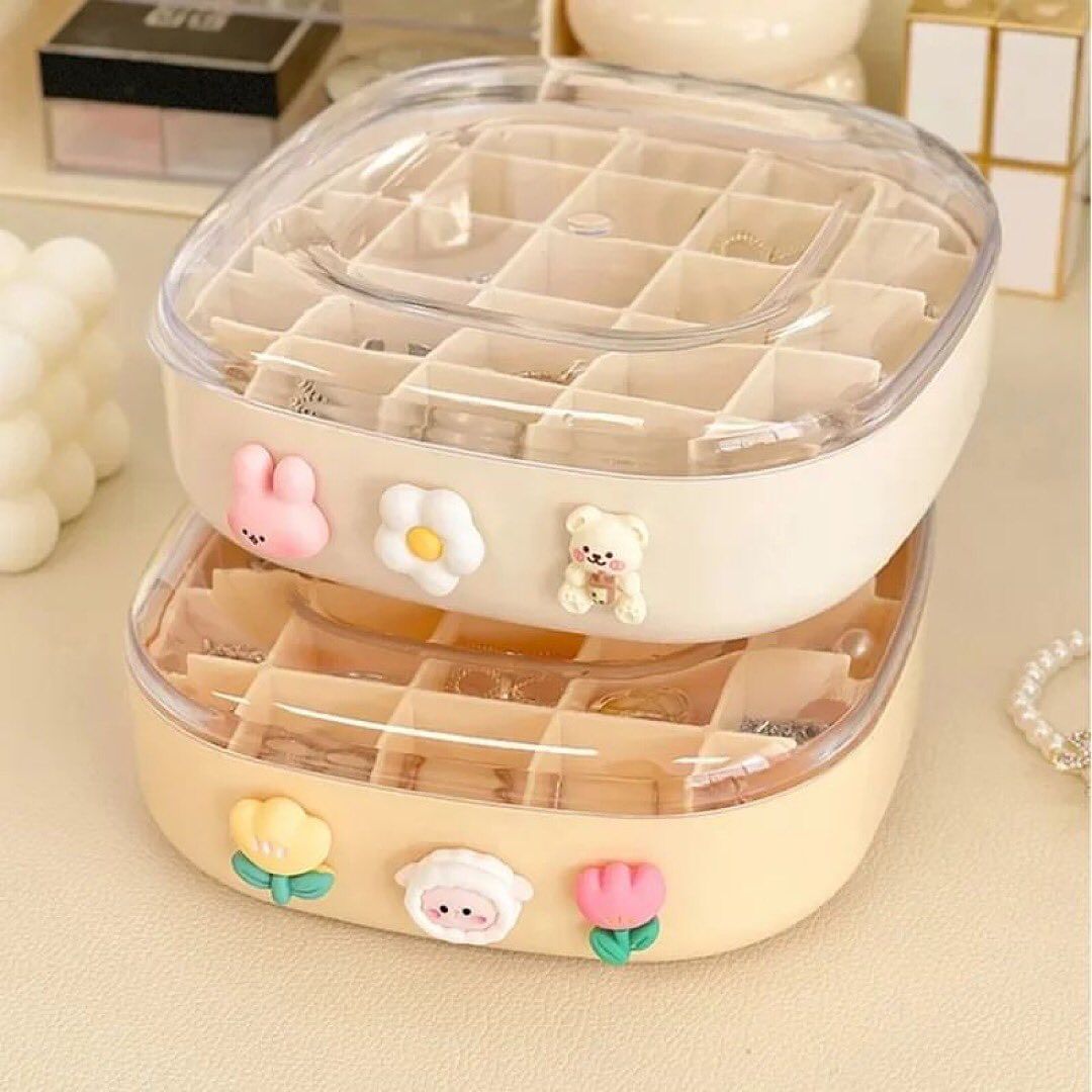 Jewelry Organizer Boxes Cute Double Layer Grid Jewelry Box Plastic Portable Earrings Ring Necklace box