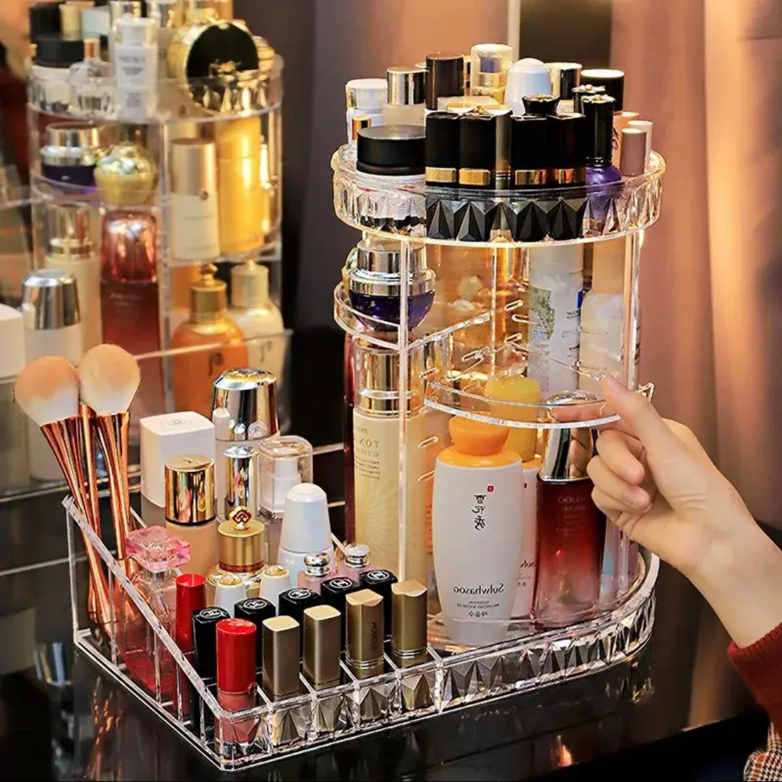 360 Degree Acrylic Rotating Makeup Organizer with Tray & Lipstick Holder