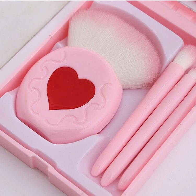 4pcs Mini Heart Makeup Brushes Set with Mirror