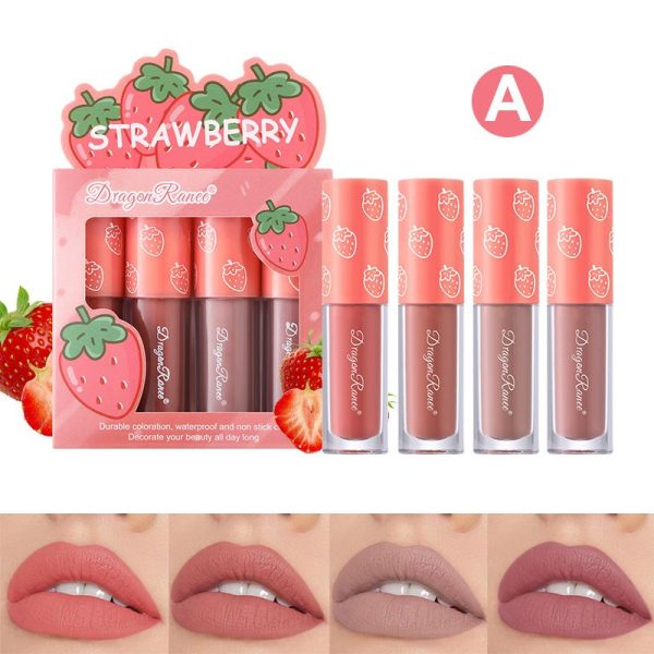 Dragon Ranee 3pcs Fruit Velvet Matte Waterproof Lipstick & Lipgloss Set – Strawberry D6007