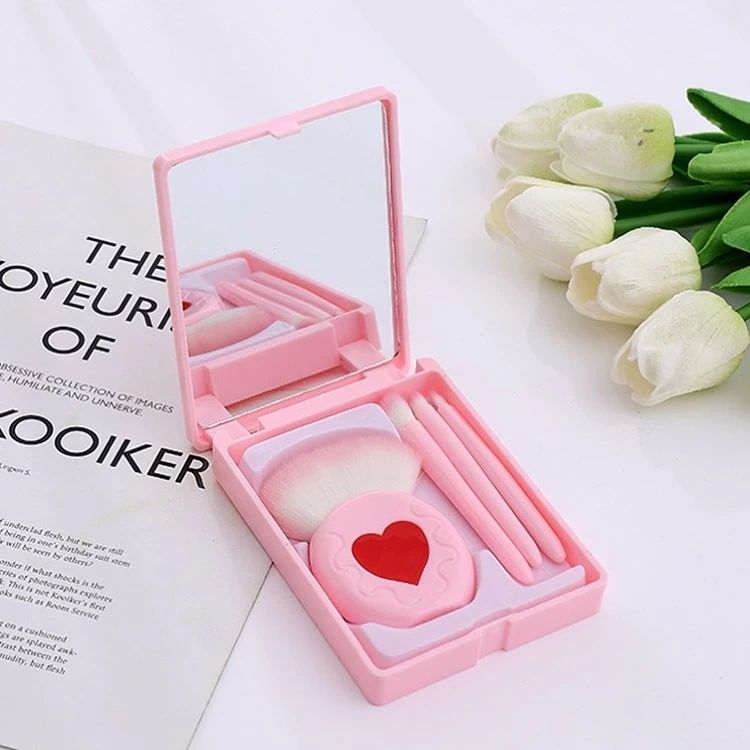 4pcs Mini Heart Makeup Brushes Set with Mirror