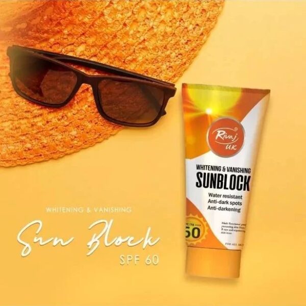 "Rivaj UK Sun Block SPF 60 – Whitening & Vanishing Sun Protection, Anti-Acne, 150ml"