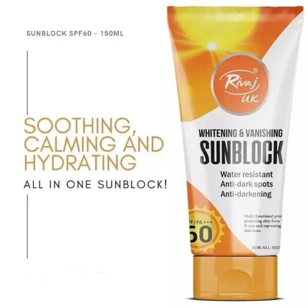 "Rivaj UK Sun Block SPF 60 – Whitening & Vanishing Sun Protection, Anti-Acne, 150ml"